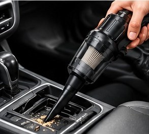 Crevice nozzle cleaning crumbs from a car centre console