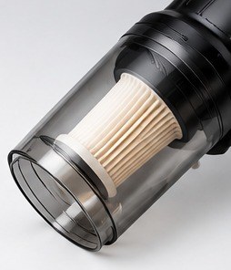 Close-up of the transparent dust container and filter