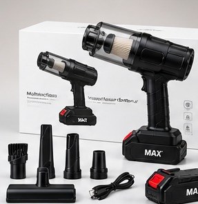 MAX vacuum retail box with the vacuum, attachments, cable and battery