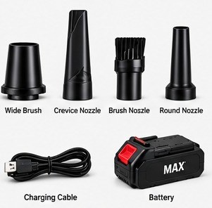 Wide brush, crevice nozzle, brush nozzle, round nozzle, charging cable and battery