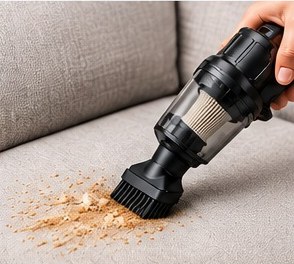 Brush attachment cleaning crumbs off a fabric sofa