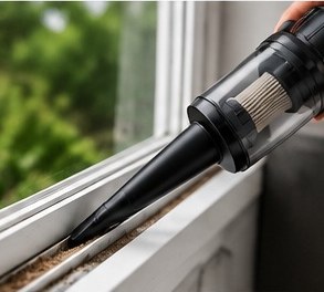 Crevice nozzle cleaning dirt from a window track